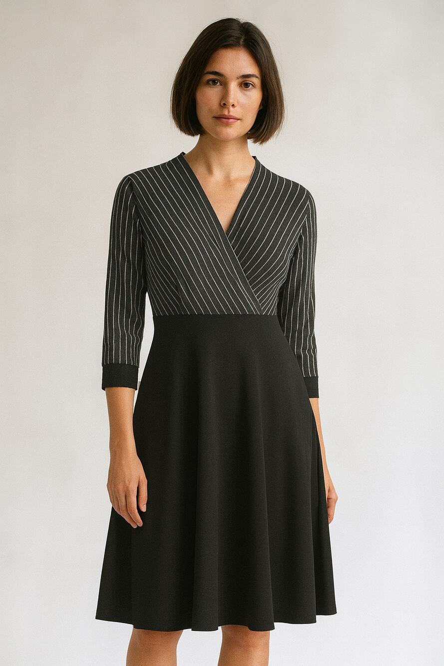 Vicky and Lucas NWT L midi dress pinstripe bodice black A-line skirt office chic